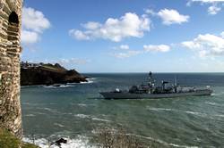 HMS Somerset passing Polruan