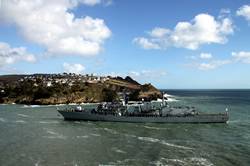 HMS Somerset passing Polruan