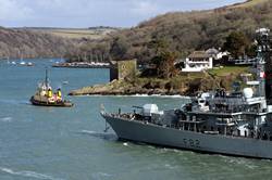 HMS Somerset passing Polruan