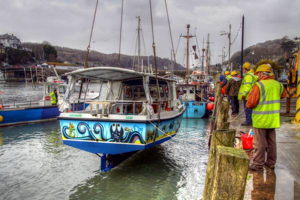 17th February 2011 - Looe boats are lowered into the river.