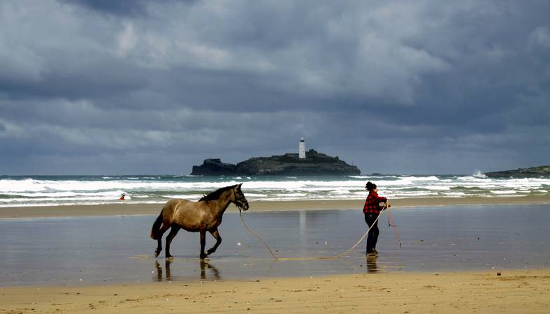 Western Morning View - Leading a horse on the wide sands of Gwithian Towans by Godrevy lighthouse - © Ian Foster / fozimage